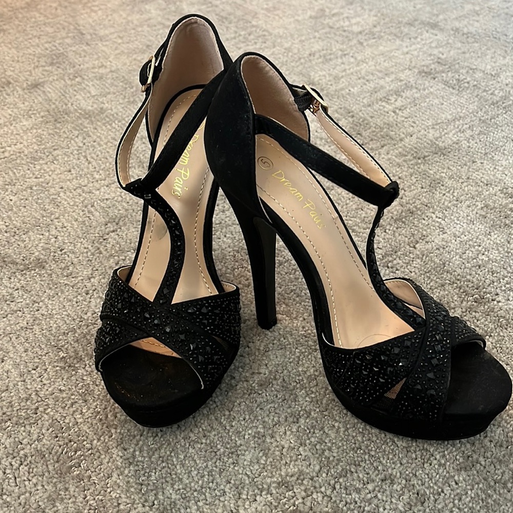 Black stiletto heels with black embellishments size 5